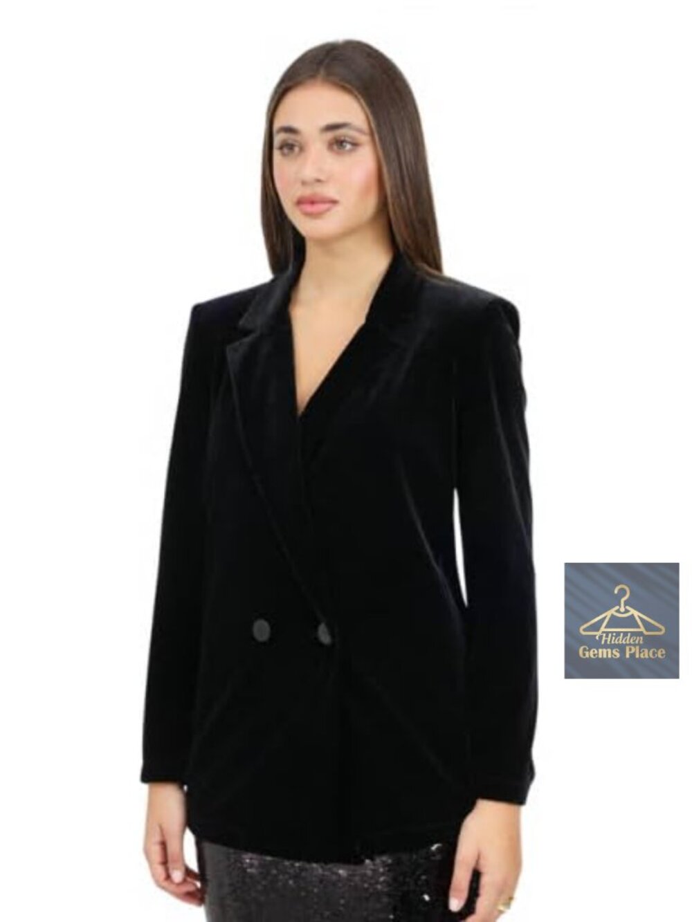 Stretch Velvet Double Breasted Blazer Button Closure Long Sleeve